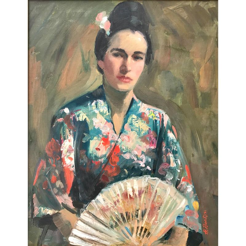 Portrait of a Woman in Kimono by Harry Barton Vintage Oil Painting