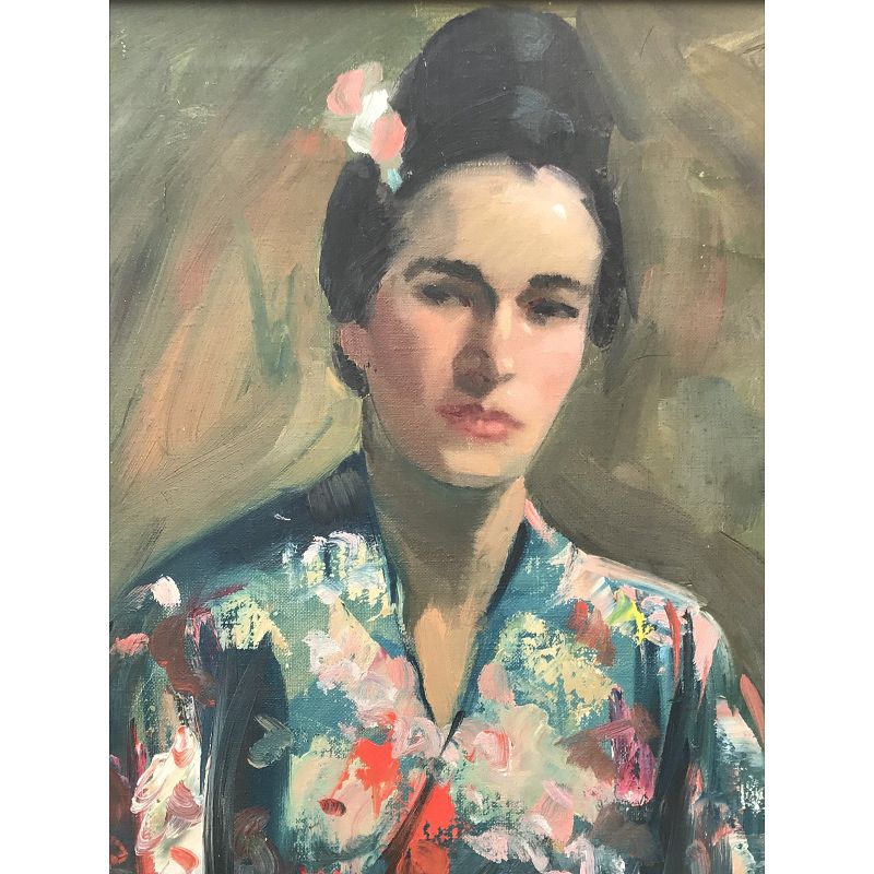 Portrait of a Woman in Kimono by Harry Barton Vintage Oil Painting