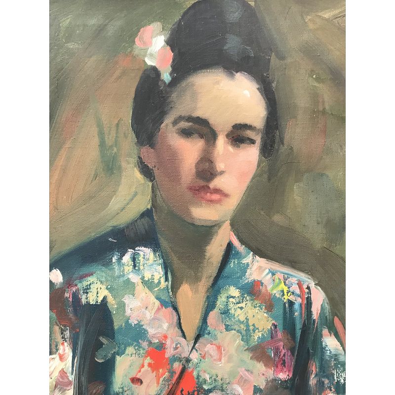 Portrait of a Woman in Kimono by Harry Barton Vintage Oil Painting