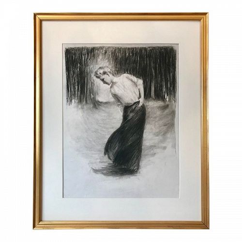 Original Vintage Art Nouveau Drawing of a Lady by Charles Sheldon