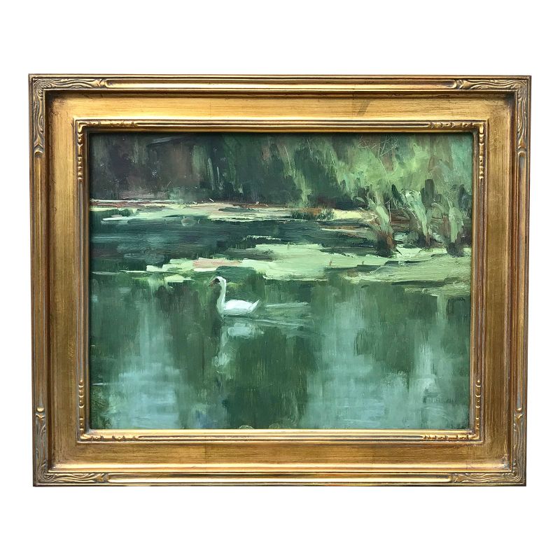 Vintage American Impressionist Oil Painting Swan on Lake by Harry Bart