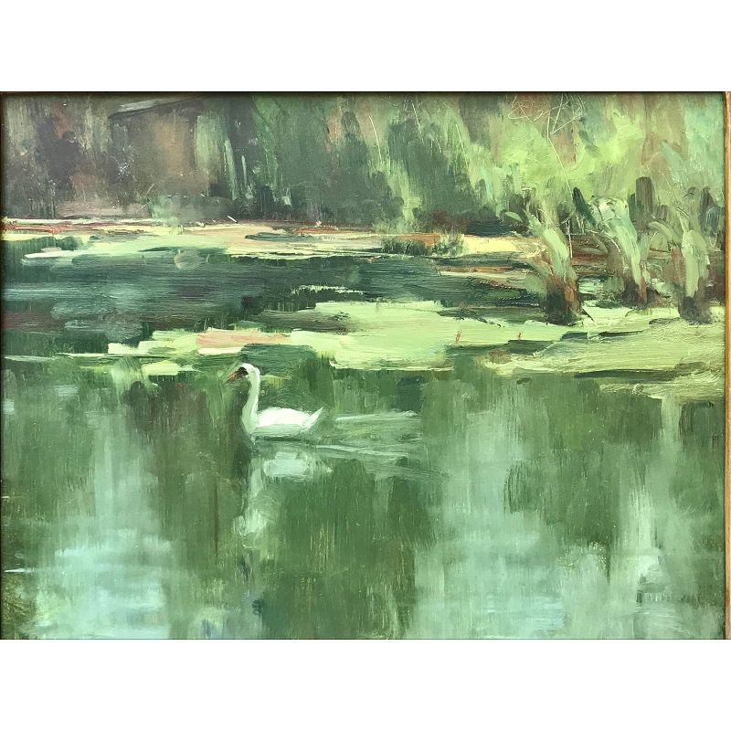 Vintage American Impressionist Oil Painting Swan on Lake by Harry Bart