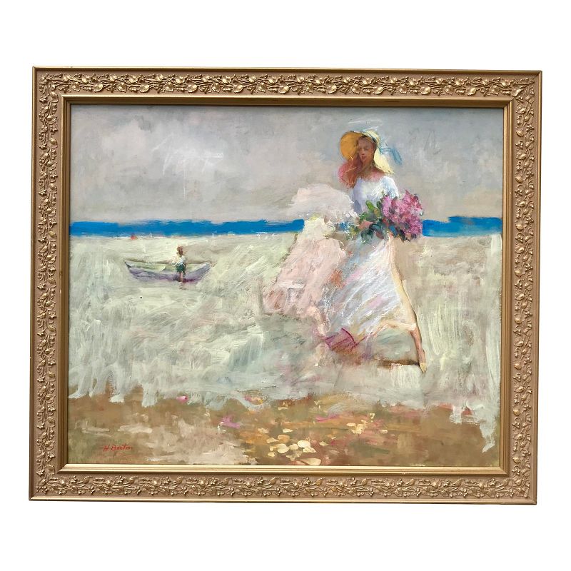 Impressionist Oil Painting Girl Flowers on the Beach by Harry Barton