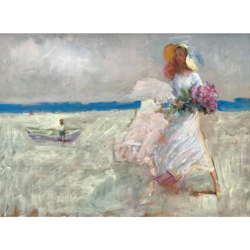 Impressionist Oil Painting Girl Flowers on the Beach by Harry Barton