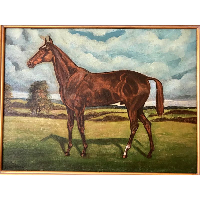 Vintage Portrait of a Thoroughbred Race Horse Original Oil Painting