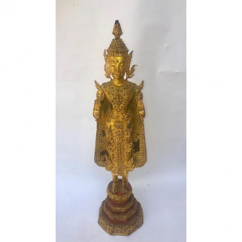 Antique Gilt Bronze Standing Buddha Thailand 19th Century Rattanakosin