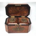 English Antique Walnut Burl Wood Tea Caddy With Brass 19th Century
