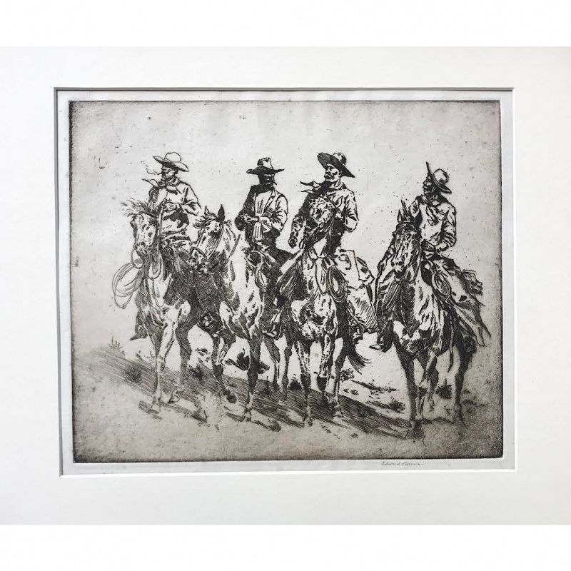 Vintage Original Western Cowboy Art Etching by Edward Borein
