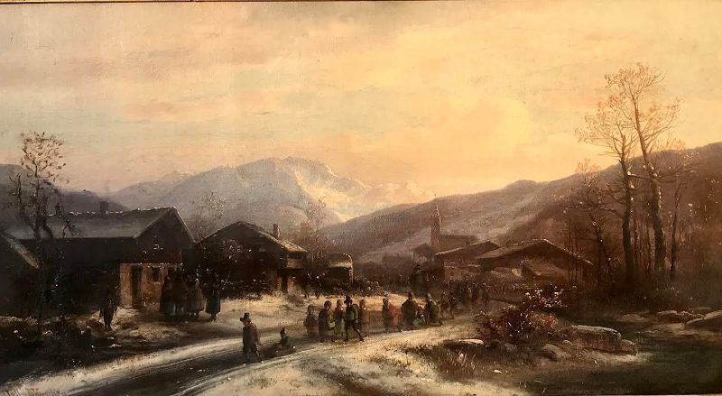 Antique European Alpine Winter Scene Oil Painting by Anton Doll