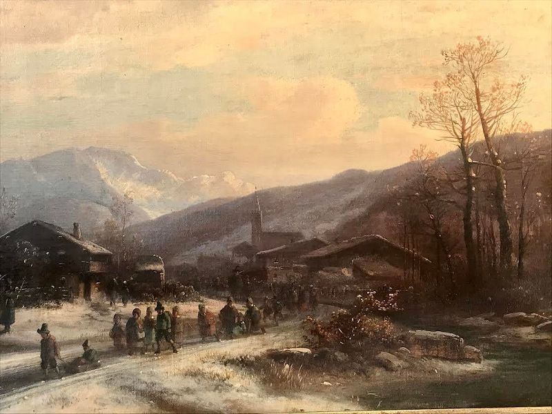 Antique European Alpine Winter Scene Oil Painting by Anton Doll