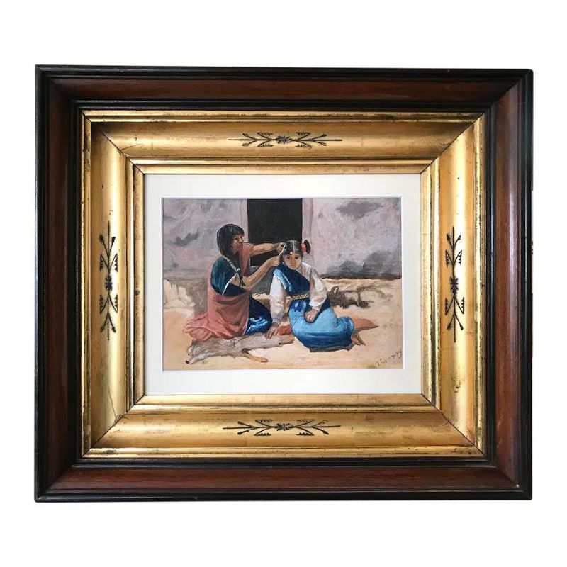 Antique Original Painting Indian Woman Braiding Hair by Lilla Perry