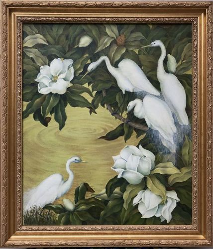Vintage Oil Painting of Egrets and Magnolia Flowers by Lucy Weber