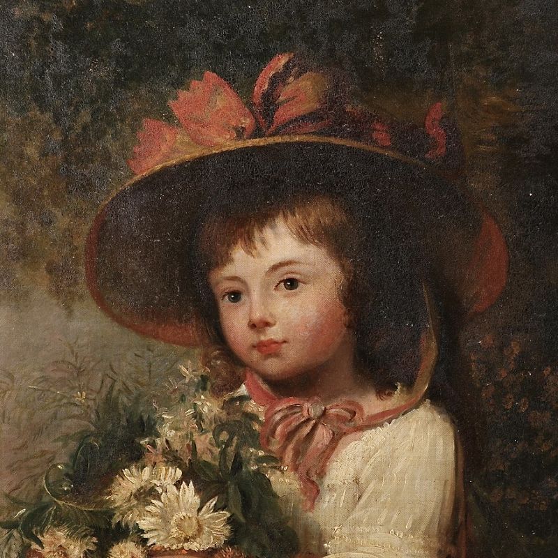 Antique Original Oil Painting Portrait of a Girl With a Flower Basket