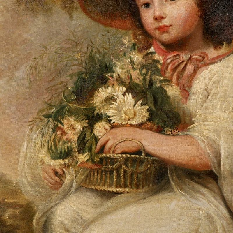 Antique Original Oil Painting Portrait of a Girl With a Flower Basket