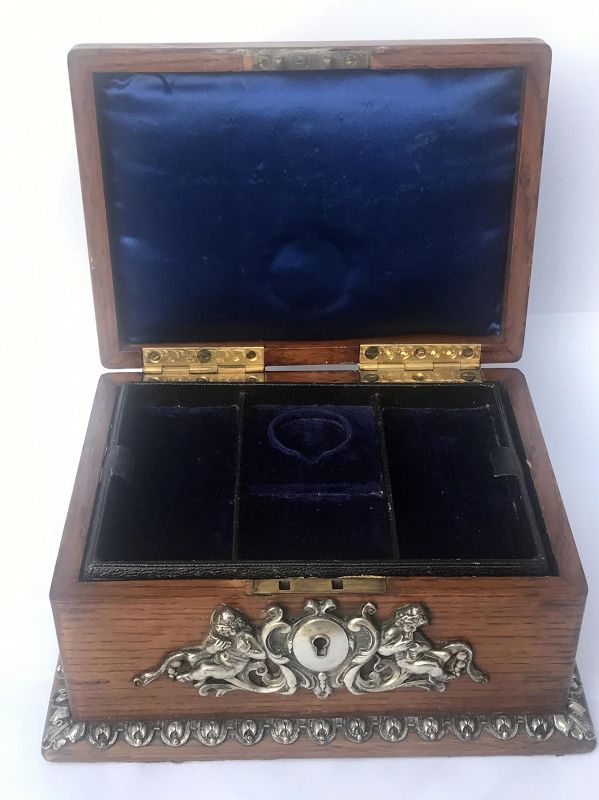 Antique Silver Mounted Oak Wood Jewelry Box Art Nouveau