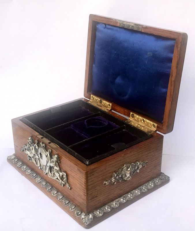 Antique Silver Mounted Oak Wood Jewelry Box Art Nouveau
