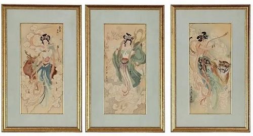 Vintage Chinese Paintings of Beautiful Maidens on Silk Deer Tiger