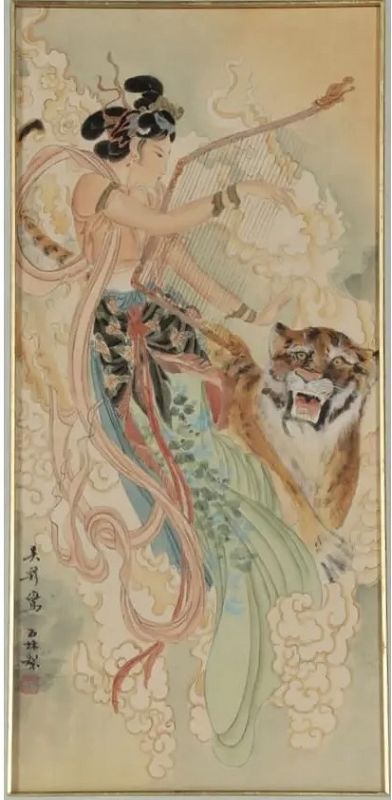 Vintage Chinese Paintings of Beautiful Maidens on Silk Deer Tiger