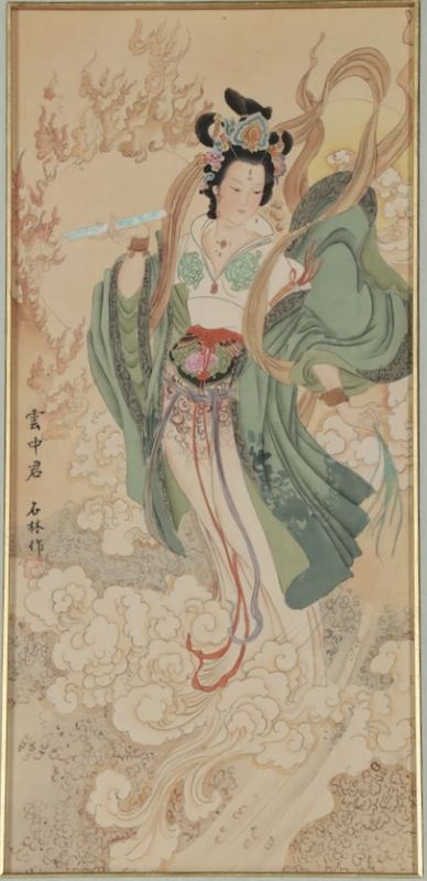 Vintage Chinese Paintings of Beautiful Maidens on Silk Deer Tiger