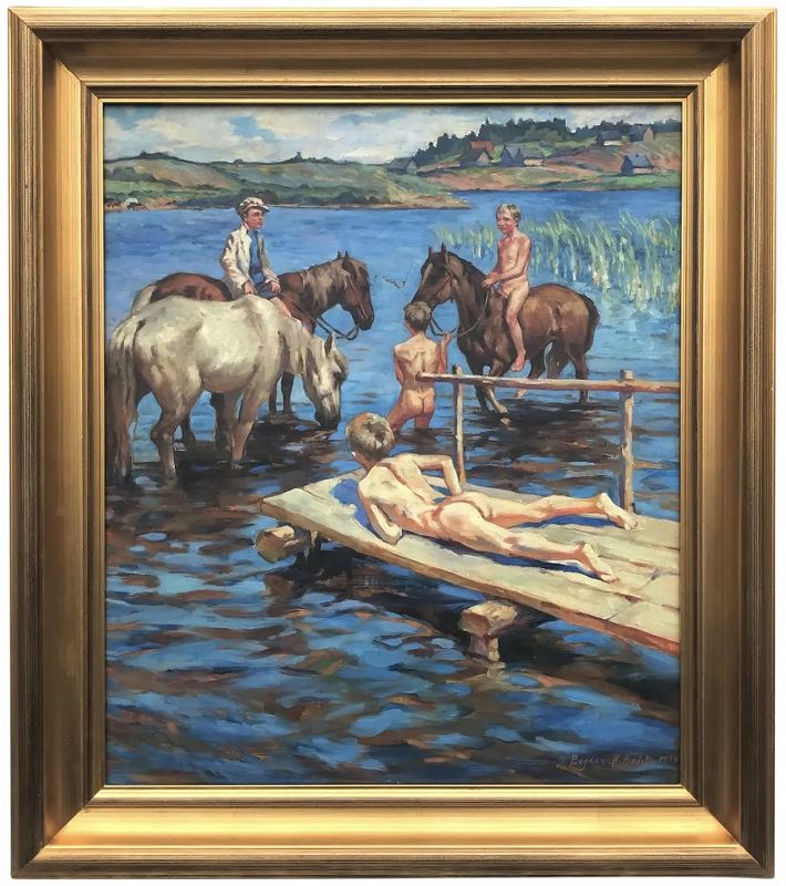 Nude Boys Bathing Horses Signed Nikolai Besky 1939 Russian Art