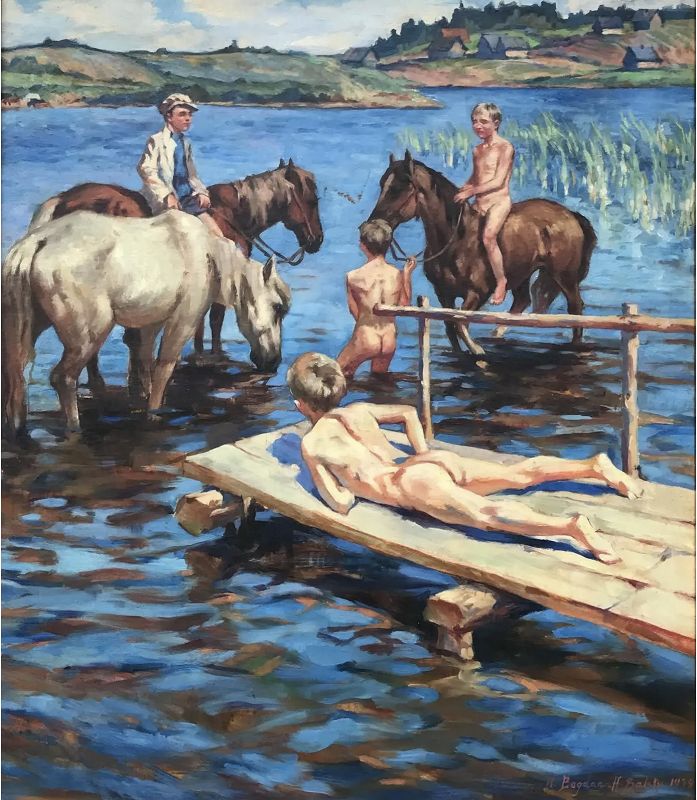 Nude Boys Bathing Horses Signed Nikolai Besky 1939 Russian Art