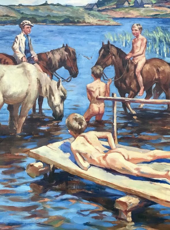 Nude Boys Bathing Horses Signed Nikolai Besky 1939 Russian Art