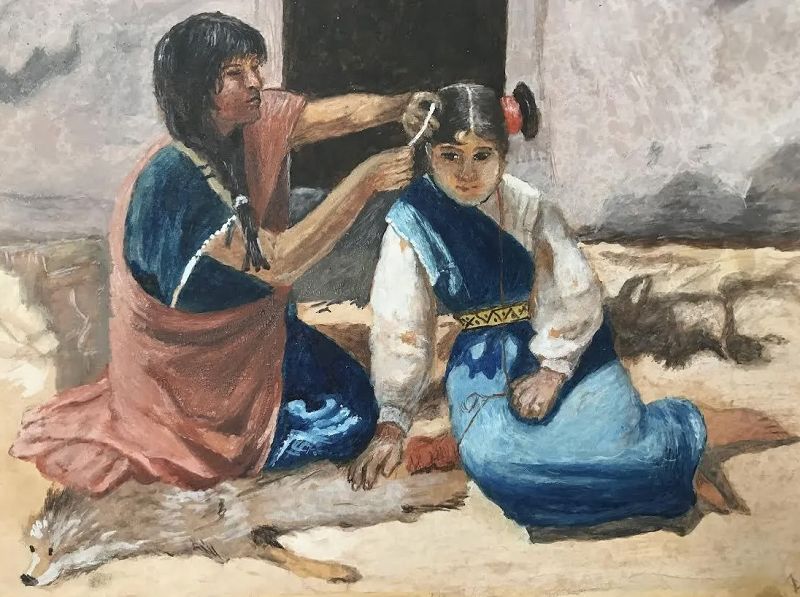 Painting Navajo Indian Woman Braiding Girls Hair by Lilla Perry