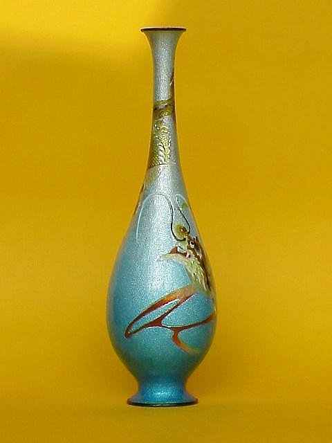 Japanese wireless cloisonne enamel dragon vase signed