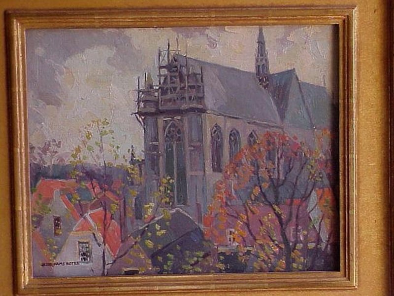 Jessie Arms Botke titled &quot;Holland Church&quot; oil painting