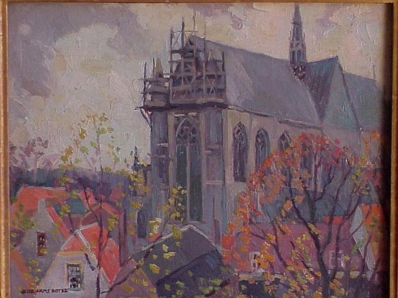 Jessie Arms Botke titled &quot;Holland Church&quot; oil painting