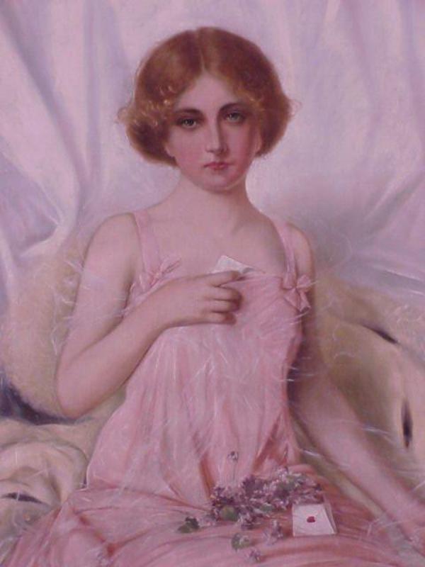 Portrait  Young Girl &amp; Love Letter Oil  A.V. Hugenett