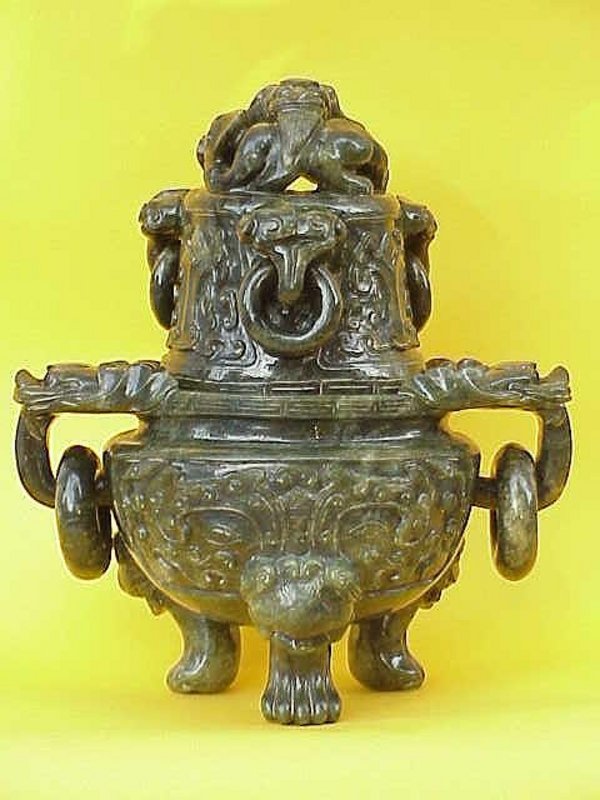 Chinese Spinach Jade carved dragon censer