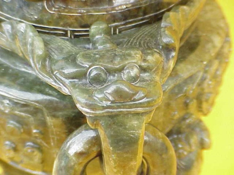 Chinese Spinach Jade carved dragon censer