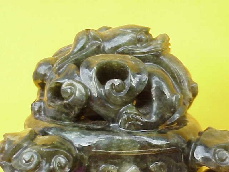 Chinese Spinach Jade carved dragon censer