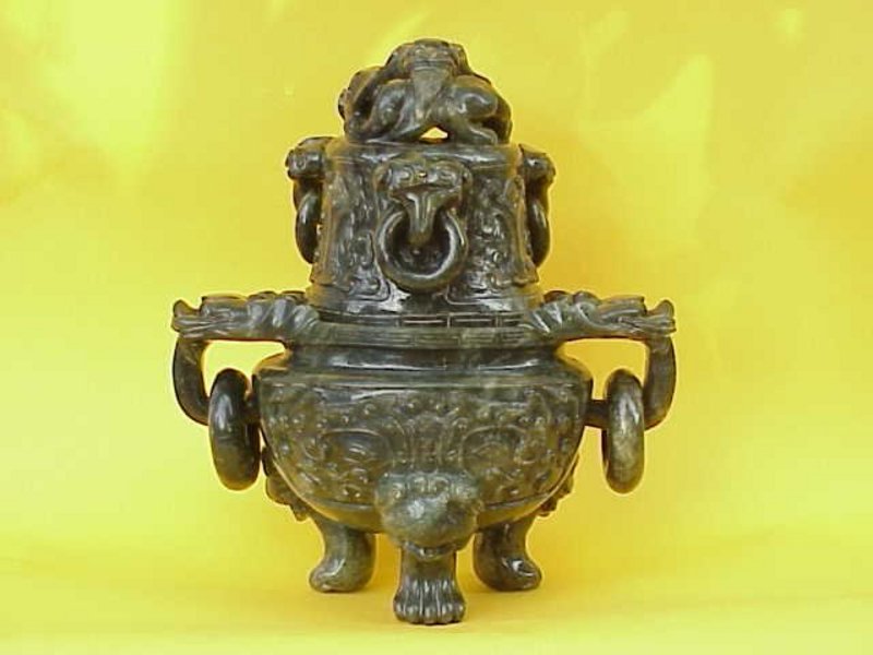Chinese Spinach Jade carved dragon censer