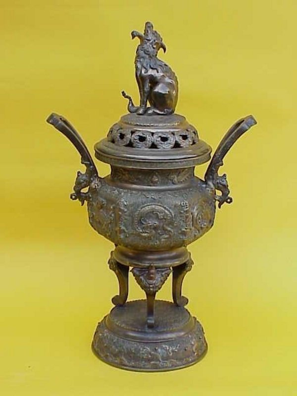 Japanese Bronze censer Meiji signed dragon design 21 in