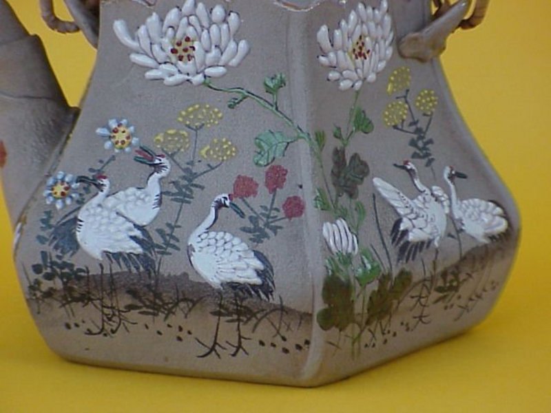Japanese Banko art pottery tea pot cranes signed