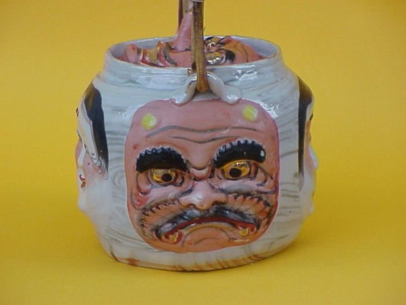 Japanese Sumidagawa pottery tea pot noh mask faces