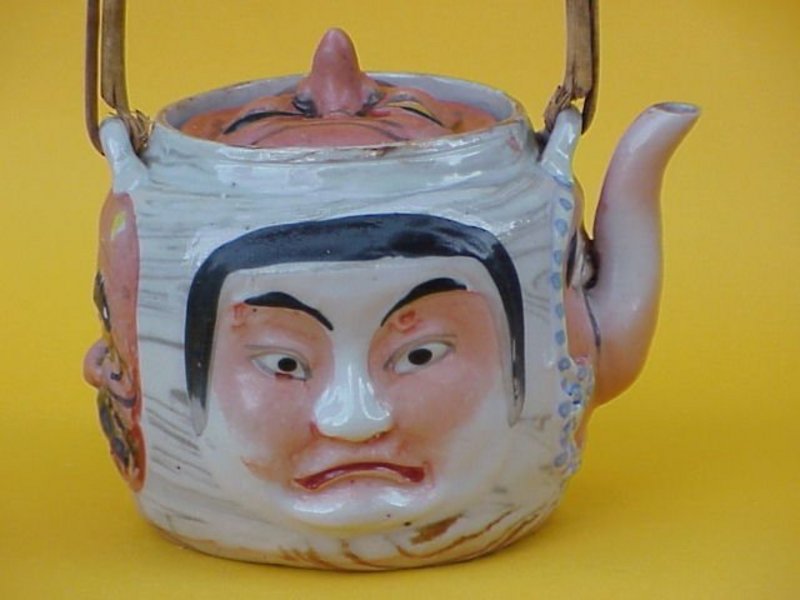 Japanese Sumidagawa pottery tea pot noh mask faces