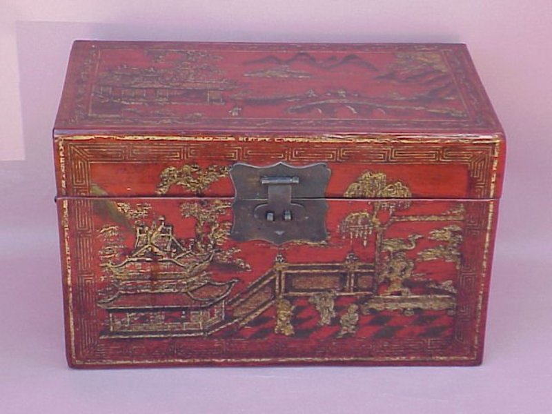 Chinese Chinoiserie lacquer box Temple scenes c.1860