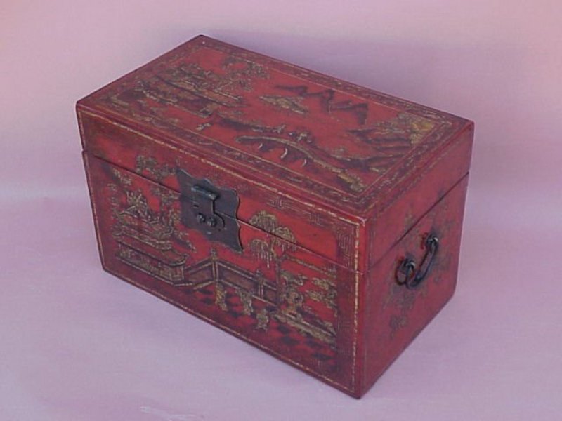 Chinese Chinoiserie lacquer box Temple scenes c.1860