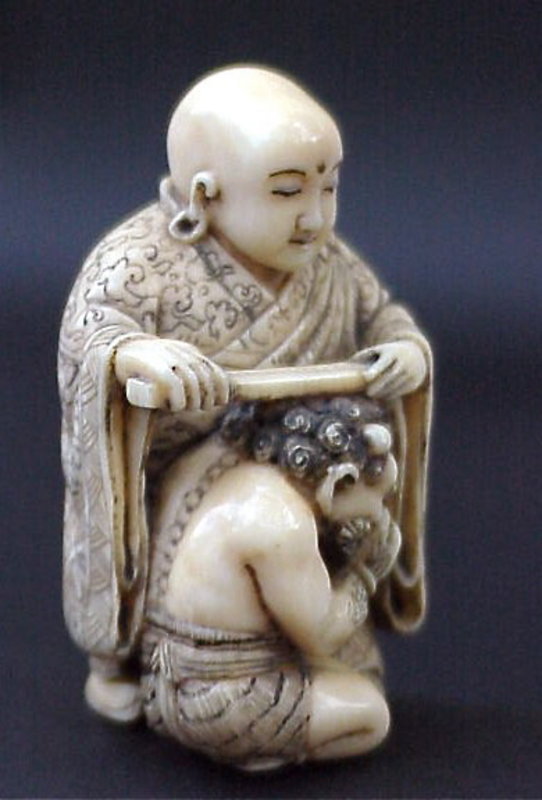 Japanese Ivory Netsuke Buddha and Oni artist signed