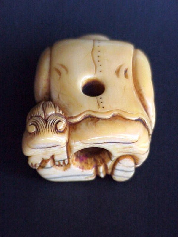 Japanese Ivory Netsuke Buddha &amp; Shishi c.1890s