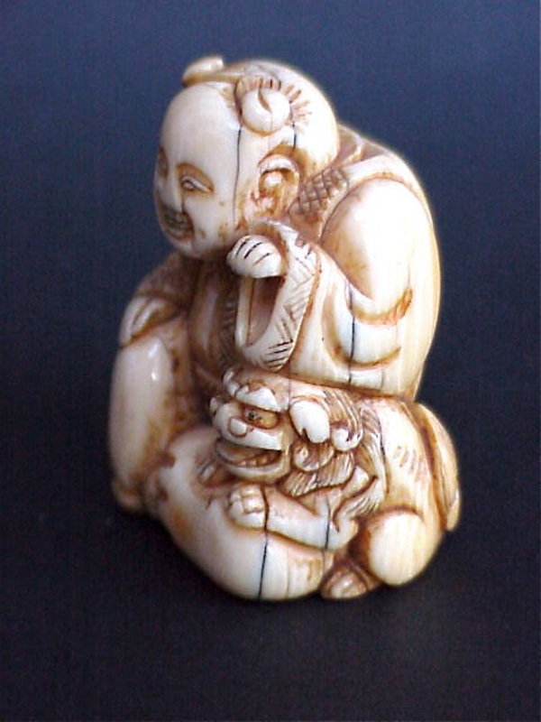 Japanese Ivory Netsuke Buddha &amp; Shishi c.1890s