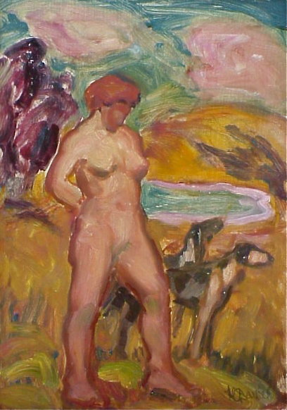 Harold C. Davies California modernist nude in landscape