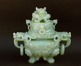 Chinese celadon green  Jade carved dragon censer c.1920