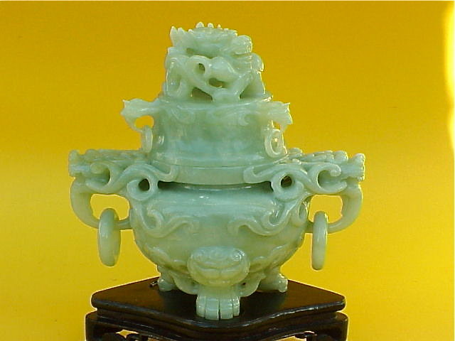 Chinese celadon green  Jade carved dragon censer c.1920
