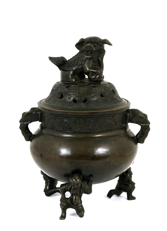 Early 20C Chinese Bronze Fu Dog Lion Censer Figure