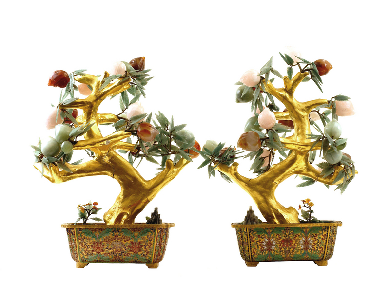 2 Chinese HardStone Peach Tree Cloisonne Planter