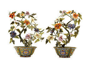 2 Chinese HardStone Jade Tree Cloisonne Planter